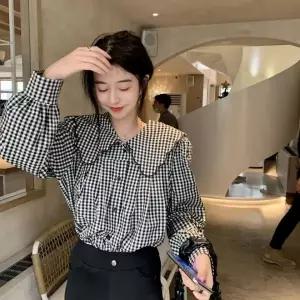 [하프클럽/]여성용 루즈핏 긴팔 체크 셔츠 빅카라 디자인 블라우스