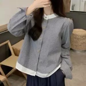 [하프클럽/]여성용 클래식 차이나넥 배색 스트라이프 셔츠 하객룩 오피스룩