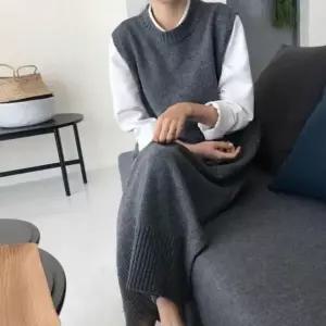 [하프클럽/]여성용 라운드넥 포인트 체형 보정 니트 경량 롱 패딩 조끼 엄마