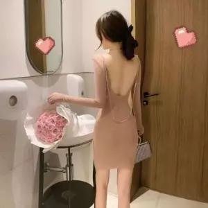 [하프클럽/]골지 라운드 긴팔 원피스 파티 모임 데일리 클럽룩 큐빅 포인트