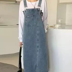 [하프클럽/]여성용 앞트임 데님 멜빵 스커트 치마