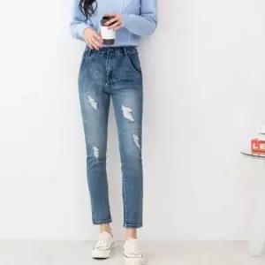 [하프클럽/]하이웨스트 여성 슬림 데님 스판 청바지 워싱 팬츠