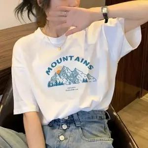 [하프클럽/]여성용 면 반팔 티셔츠 여름용 프린팅 루즈핏 화이트 레터링 반