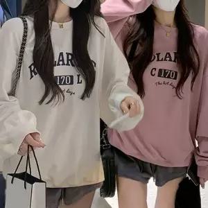 [하프클럽/]여성용 간절기 루즈핏 기모 레터링 긴팔 맨투맨 티셔츠 봄 가을
