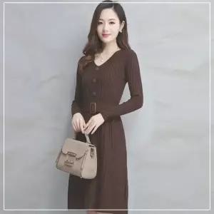 [하프클럽/]브이넥 골지 니트 원피스 허리벨트 긴팔 데일리 하객용 겨울 가