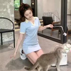 [하프클럽/]여성 슬림핏 오픈카라 미니 드레스 배색 데일리 캐주얼 원피스