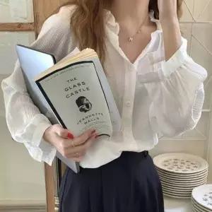 [하프클럽/]여성용 시스루 프릴 브이넥 루즈핏 블라우스