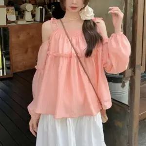 [하프클럽/]여성용 프릴 오프숄더 슬리브리스 블라우스 아이템