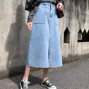 [하프클럽/]데일리 여자 데님 롱 스커트 캐주얼 여성 밴딩 청치마 밑단