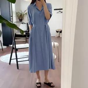 [하프클럽/]플레어 허리끈 셔츠 롱 원피스 빅사이즈 여름 오버핏