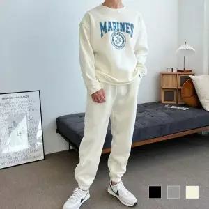 [하프클럽/]남성 캐주얼 레터링 기모 맨투맨 슬리브 조거 팬츠 세트