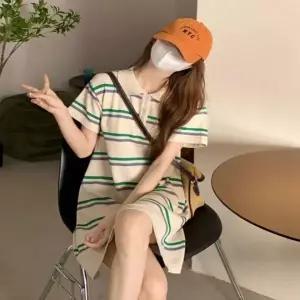 [하프클럽/]카라 반팔 스트라이프 데일리 미니 드레스