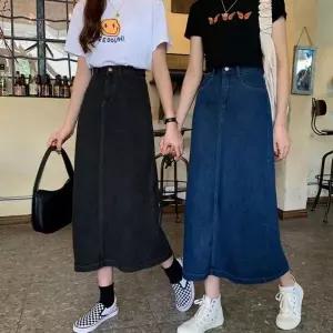 [하프클럽/]여성용 가을 데일리 블랙 데님 롱 스커트 뒷트임 간절기 심플 데