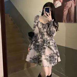 [하프클럽/]여성용 카라 브이넥 미니 플레어 원피스 패턴 프릴 디자인