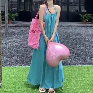 [하프클럽/]여성용 여름 롱 드레스 홀터넥 A라인 원피스