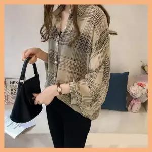 [하프클럽/]여성용 루즈핏 체크 긴팔 셔츠 캐주얼 가오리핏 블라우스 봄가