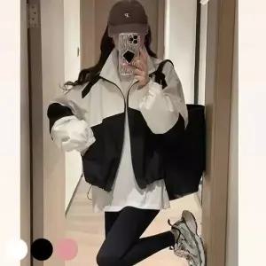 [하프클럽/]여성용 크롭 배색 양털 안감 윈드브레이커 점퍼 프릴 디테일 자