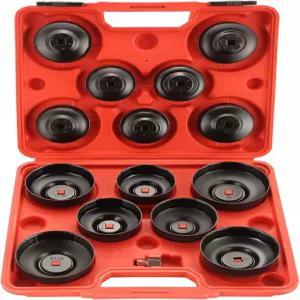 DASBET 15PCS 오일 필터 캡 렌치 도구 3/8인치 드라이브가 장착된 컵형 소켓 세트 1/2인치 어댑터가