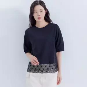 [지센] (2컬러) 레이스 패치 볼륨 소매 반팔 티셔츠 LCTSP625