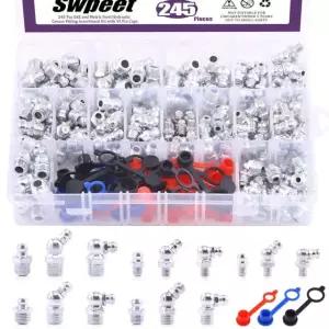 Swpeet 246Pcs SAE 및 미터법 그리스 니플 구색 키트, 유압 피팅 표준 플라스틱 캡 u2013 1/4 , 1/8 M6 M8 M10 스트레이트, 90도, 45도 각도