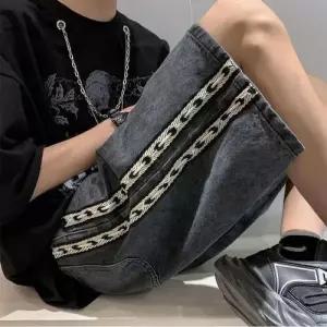 키체샵 남사친 바지 데님 여름 빈티지 트레이닝 청반바지 스트라이프 반 우븐 얇은 5부 HO2
