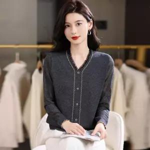 율랑팡 여자 니트 이너 가을 스웨터 가을옷 브이넥 아우터 펀칭 소매 상의 HO3