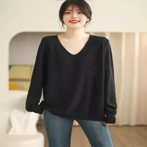 율랑팡 여성 캐주얼 가을 브이넥 풀오버 스웨터 톱 면사 아우터 긴팔 HO3