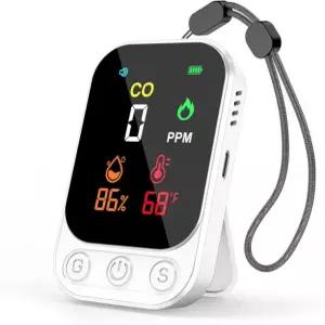 휴대용 일산화탄소 감지기 3-in-1 CO - 85dB 알람 접이식 킥스탠드 및 랜야드 가정 RV 캠프 또는 호텔을 위한 초저전력 플러그 프리 안전성을 갖춘 미니 온도 습도 센서