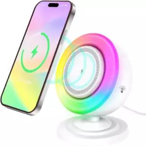 5W 마그네틱 무선 충전기가 장착된 4 in 라이트 블루투스 스피커 안이드 기기용 터치 가능 RGB 조명 및 휴대폰 스탠드 청소년 또는 연인을 위한 이상적인 선물 White