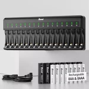 충전기 보나이 충전식 AA 및 AAA 배터리 2800mAh 8개 00mAh AC 플러그 6베이 개별 고속 충전