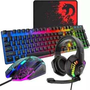 유선 게이밍 키보드 및 마우스 셋 콤보 LED 백라이트 오버이어 폰(마이크 ) 패드 PC 노트북 Mac (블랙)용 Black
