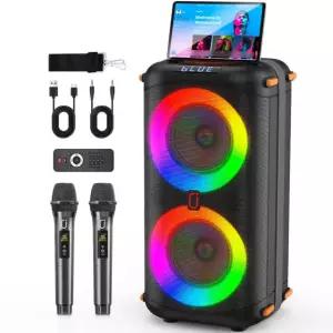 무선 블루투스 스피커 마이크 2개 세트 노래방 기계 LED 조명 홈파티용 대용량 배터리 검정색