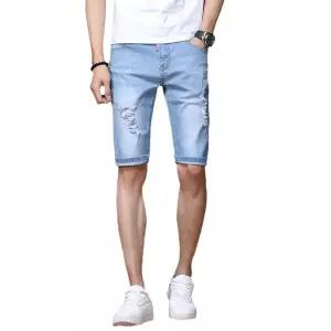 호크아이 바지 남자 데일리룩 청반바지 찢청 스판 슬림핏 일자핏 5부 KUK1