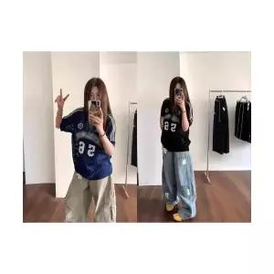 키체샵 남성 니트 여름 빈티지 유니폼 레터링 빅사이즈 펀칭 반팔 라운드넥 HO2