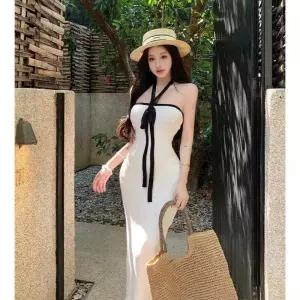 율랑팡 원피스 스커트 니트 롱 여름 여성용 일자 힙업 바캉스 어깨 홀터넥 프렌치 톱 HO2