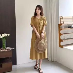 율랑팡 원피스 스커트 여친 롱 반팔 밴딩 프렌치 브이넥 스트링 허리 솔리드 HO2