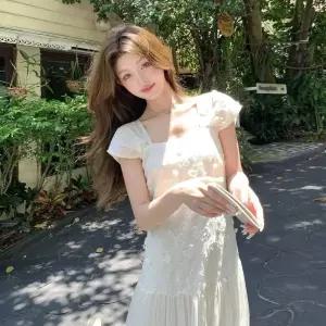 율랑팡 여자 치마 원피스 롱 여름 슬림 넥 소매 부드럽게 바캉스 a라인 HO2