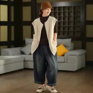 율랑팡 하프 롱 가을 빈티지 여사친 린넨 라운드 기장 조끼 상의 카디건 HO3