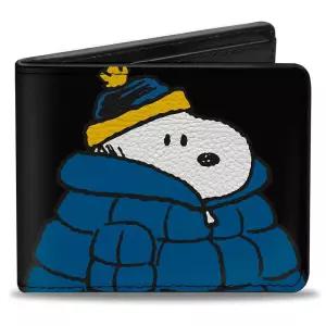 Peanuts Wallet, Bifold, Snoopy Holiday 블루 Puffer Jacket Pose 블랙, Vegan 천연가죽