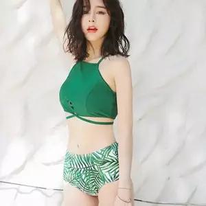 커플 비치 웨어 야자수 패턴 여름 커플 야자수 수영복 휴가 수영복바지 3피스 반바지 홀터넥 비키니 스커트