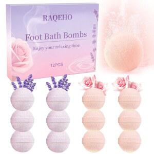 RAQEHO 12PCS 족욕 폭탄 - 로즈 라벤더 아로마테라피 개별 포장, 건조 균열 발 유연제 각질 제거제 냄새 홈 스파 필수품 페디큐어 용품 제공