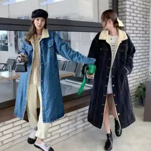 친절한탄씨 보아털 롱 무스탕 자켓 안감 퍼 데님 점퍼 겨울 롱코트 후드 집업 겉옷 롱재킷 겨울재킷
