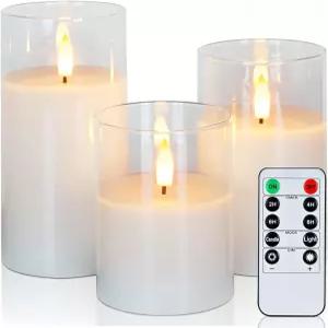 머 리모컨 LED 기둥 양초 배터리 구동 순백 3개 세트로 작동하는 마법의 투명 유리 불 없는
