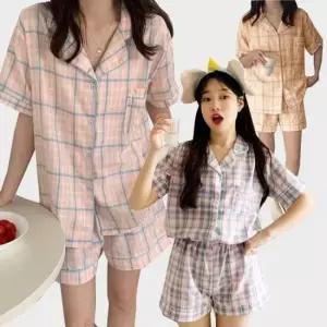 잠옷세트 여성 여름 잠옷 반팔 체크 홈웨어 파자마 셔츠 실내복