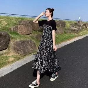 [하프클럽/]이쁘다요 어깨 원피스 여리 롱 배색 반팔 플라워 데일리