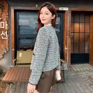 M1 여성용 그레이 하프코트 러블리 프렌치 코트 트위드 라운드 쇼트 톱 JEN1