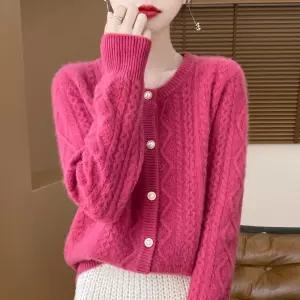 토르 여성 울 봄 가디건 라운드 진주 단추 트위드 순색 긴팔 두꺼운 코트 7핀 OPH1
