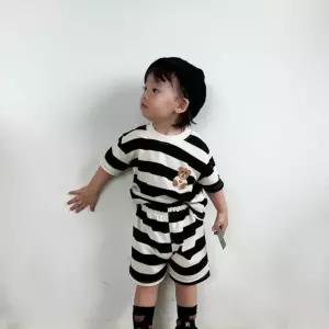 단가라 블랙 곰돌이 아기 여름 상하복 어린이집등원룩 신생아 트레이닝복 운동복