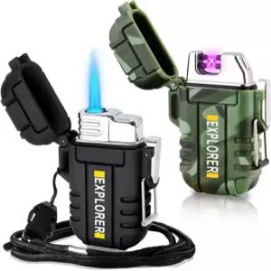 2팩 방수 라이터 야외 방풍 토치 듀얼 전기 USB 충전식 화염 없는 캠핑 모험 생존 장비 Camouflage+black