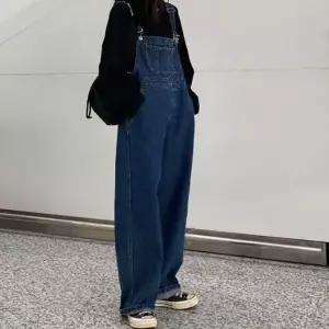[하프클럽/]여성 진청 와이드 멜빵 데님 팬츠 캐주얼 여행용 오버롤 바지